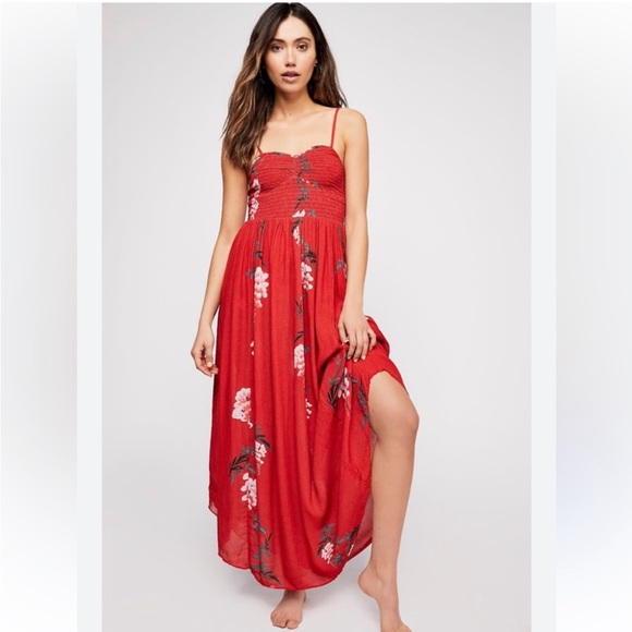 Free People Beau Red Floral Print Smocked Maxi Dress - Picture 2 of 8